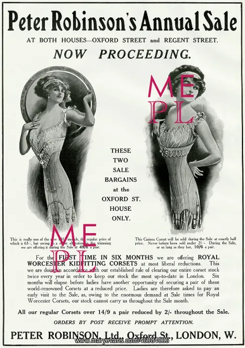 : Advert for Peter Robinson's women's undergarments 1912 : Advert for Peter Robinson's women's undergarments 1912