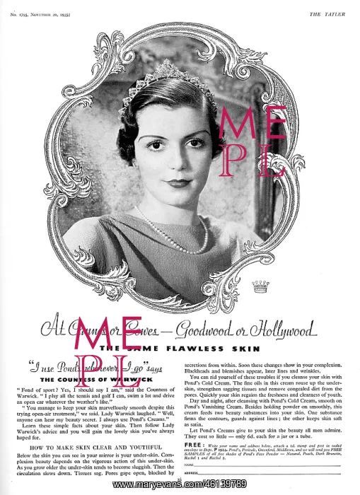: Advertisement for Pond's Cold Cream with Countess of Warwick : Advertisement for Pond's Cold Cream with Countess of Warwick