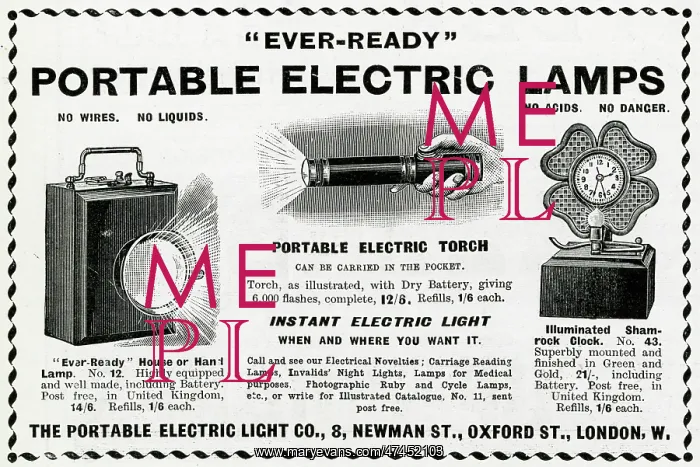: Advert for Portable hand-held lamps and torch 1902 : Advert for Portable hand-held lamps and torch 1902