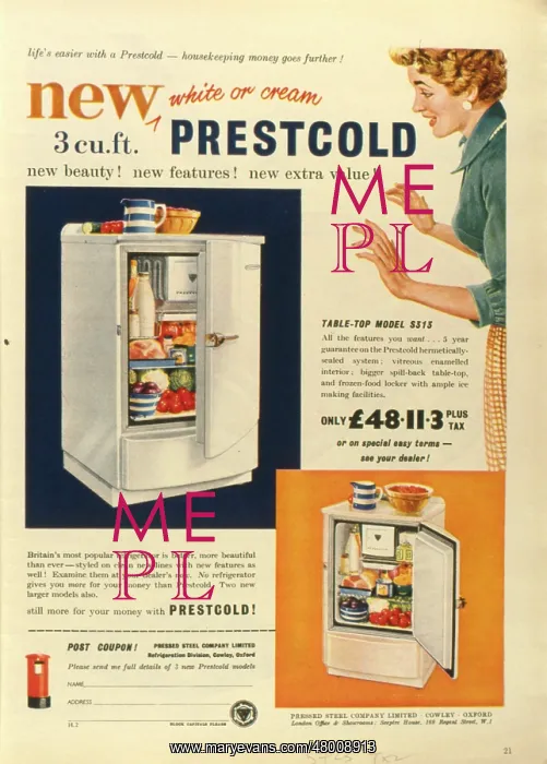 : Advertisement for Prestcold refrigerator : Advertisement for Prestcold refrigerator