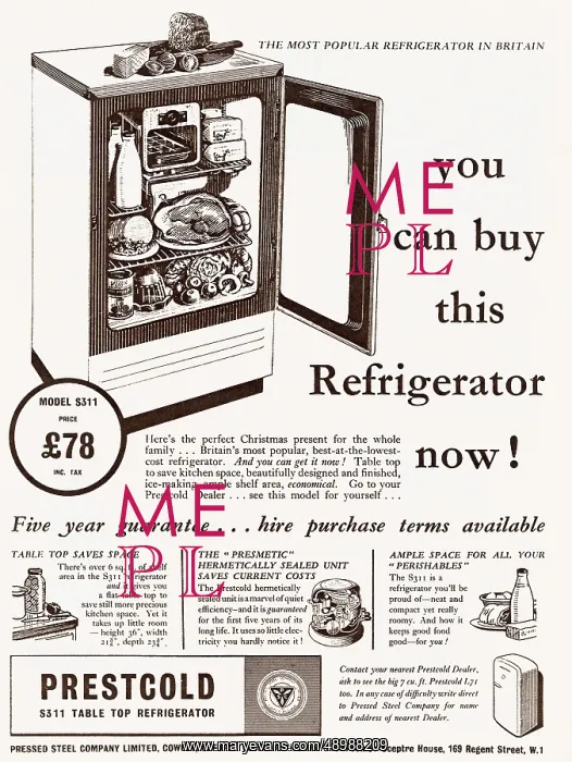 : Advert for Prestcold table top refrigerator 1951 : Advert for Prestcold table top refrigerator 1951