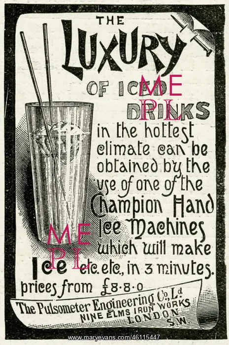: Advert for Pulsometer Engineering, luxury iced drinks 1894 : Advert for Pulsometer Engineering, luxury iced drinks 1894