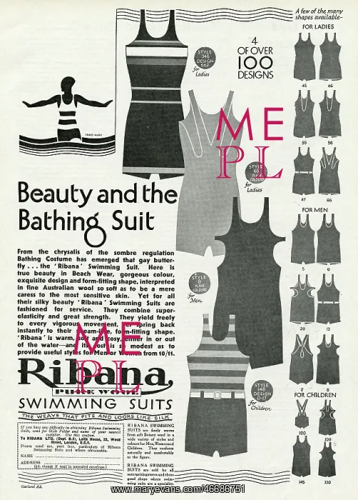 : Advert for Ribana pure wool bathing suits 1931 : Advert for Ribana pure wool bathing suits 1931