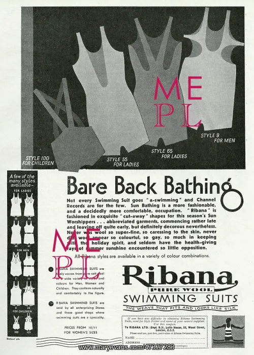 : Advert for Ribana pure wool bathing suits 1931 : Advert for Ribana pure wool bathing suits 1931