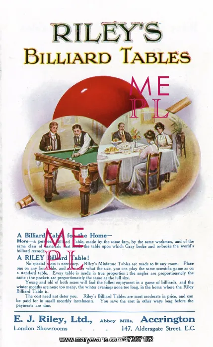 : Advert for Riley's Billiard Tables 1900 : Advert for Riley's Billiard Tables 1900