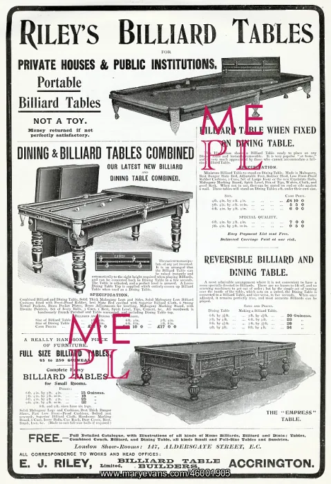 : Advert for Riley's Billiard Tables 1903 : Advert for Riley's Billiard Tables 1903