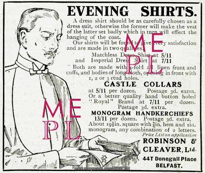 : Advert for Robinson & Cleaver Ltd evening shirts 1914 : Advert for Robinson & Cleaver Ltd evening shirts 1914