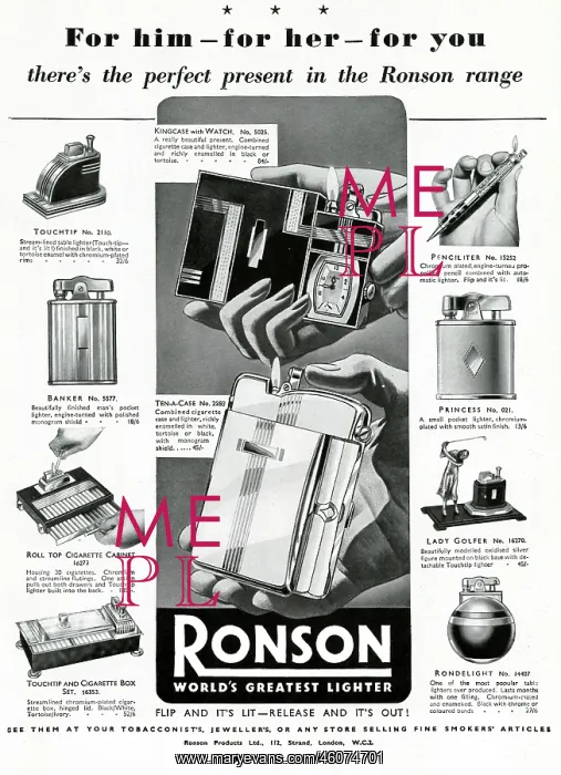 : Advert for Ronson lighters 1937 : Advert for Ronson lighters 1937