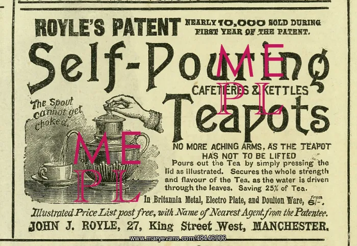 : Advert, Royle's Patent Self-Pouring Teapots : Advert, Royle's Patent Self-Pouring Teapots