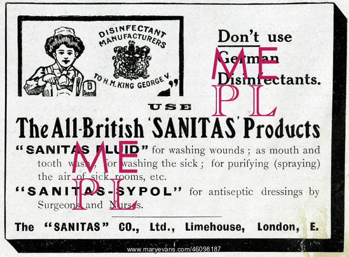 : Advertisement for Sanitas disinfectant, WW1 : Advertisement for Sanitas disinfectant, WW1