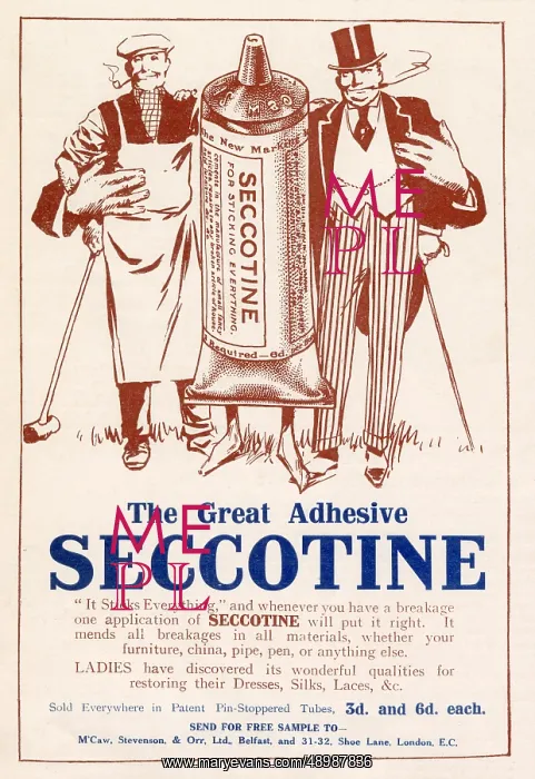 : Advert for Seccotine refined liquid fish glue 1912 : Advert for Seccotine refined liquid fish glue 1912