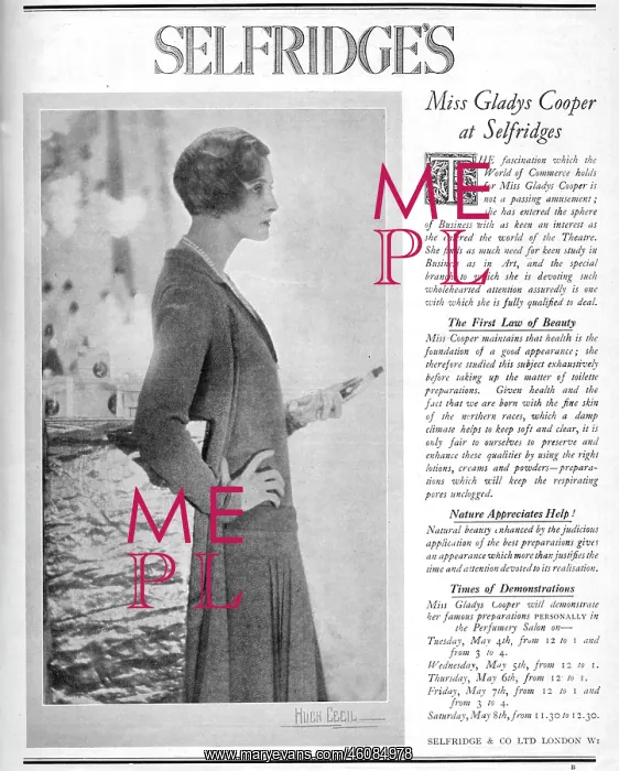 : Advert for Selfridge's featuring the actress Gladys Cooper : Advert for Selfridge's featuring the actress Gladys Cooper