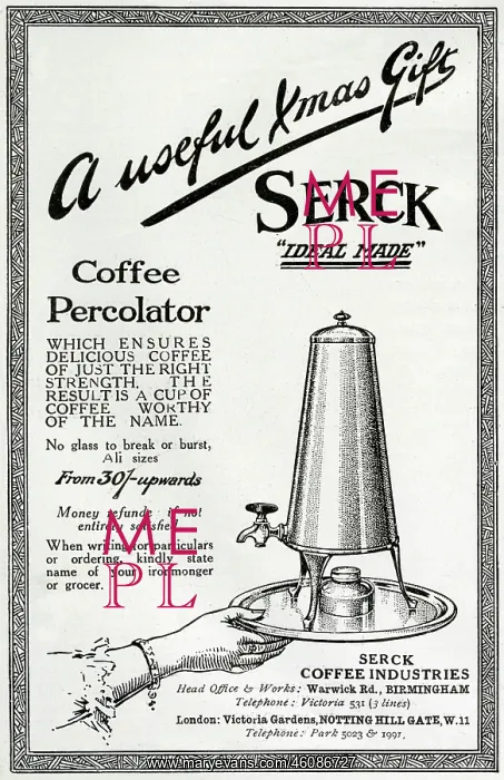: Advert for Serck coffee percolator 1908 : Advert for Serck coffee percolator 1908