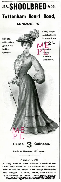 : Advert for Shoolbred women's tailor-mades 1905 : Advert for Shoolbred women's tailor-mades 1905