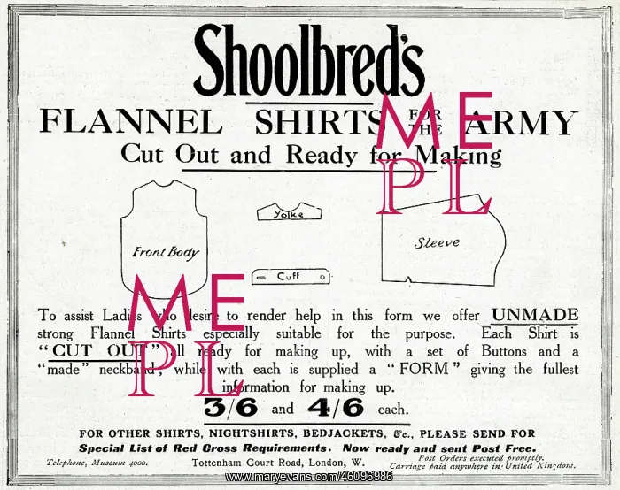 : Advertisement for Shoolbred's flannel shirts, WW1 : Advertisement for Shoolbred's flannel shirts, WW1