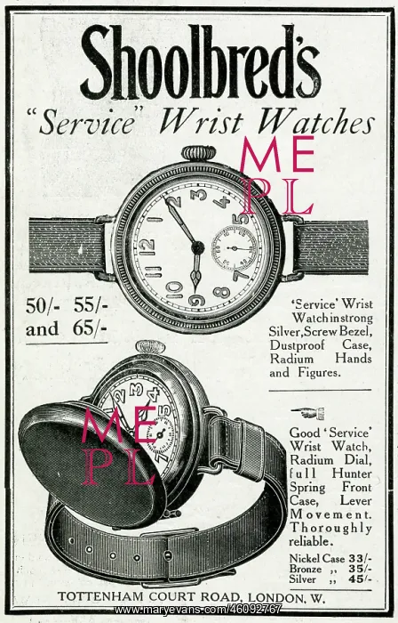 : Advert for Shoolbred's wristwatch 1915 : Advert for Shoolbred's wristwatch 1915