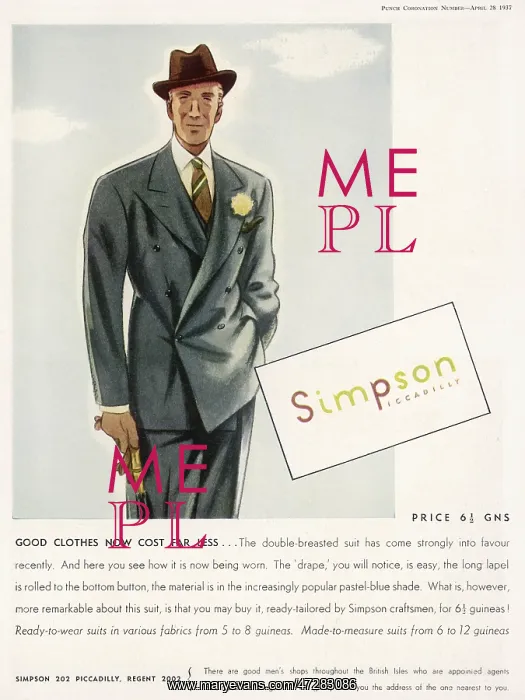 : Advert for Simpson Piccadilly - Men's Suits 1937 : Advert for Simpson Piccadilly - Men's Suits 1937