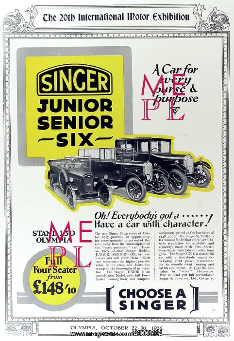 : Advertisement for Singer cars : Advertisement for Singer cars
