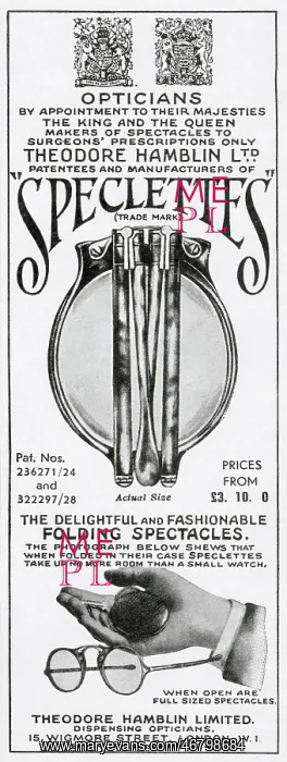 : Advert for Speclettes, folding spectacles 1931 : Advert for Speclettes, folding spectacles 1931