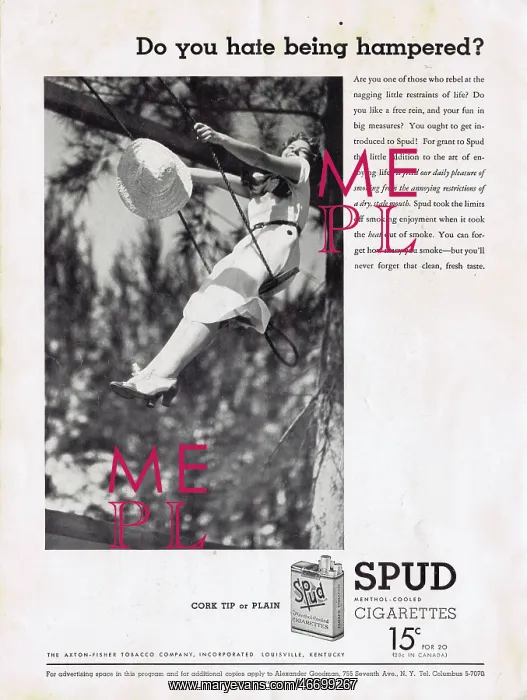 : Advert for Spud Cigarettes, New York, 1934 : Advert for Spud Cigarettes, New York, 1934