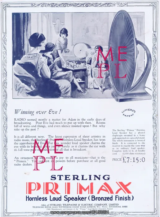  : Advert for Sterling Primax hornless loud speaker, 1925