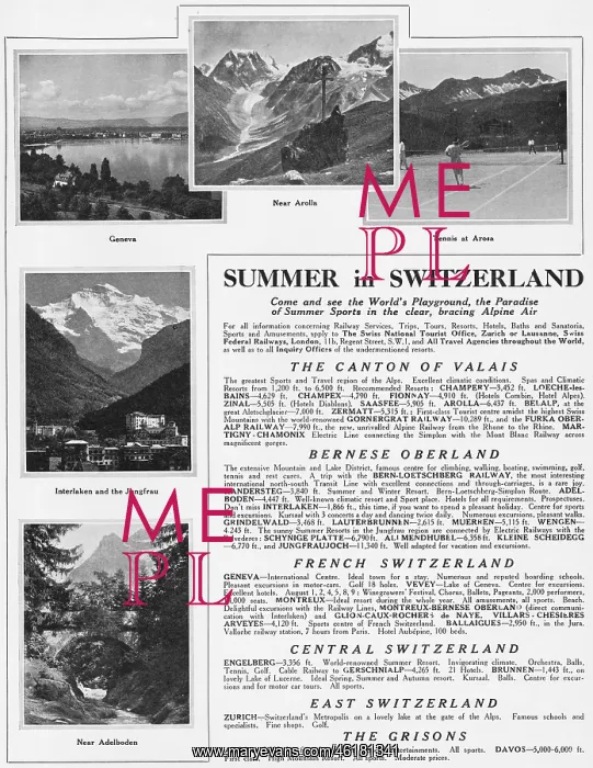 : Advert for summer holidays in Switzerland, 1927 : Advert for summer holidays in Switzerland, 1927