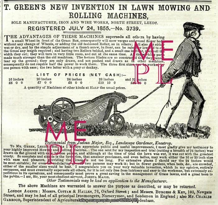 : Advert, T Green's lawn mowing and rolling machines : Advert, T Green's lawn mowing and rolling machines