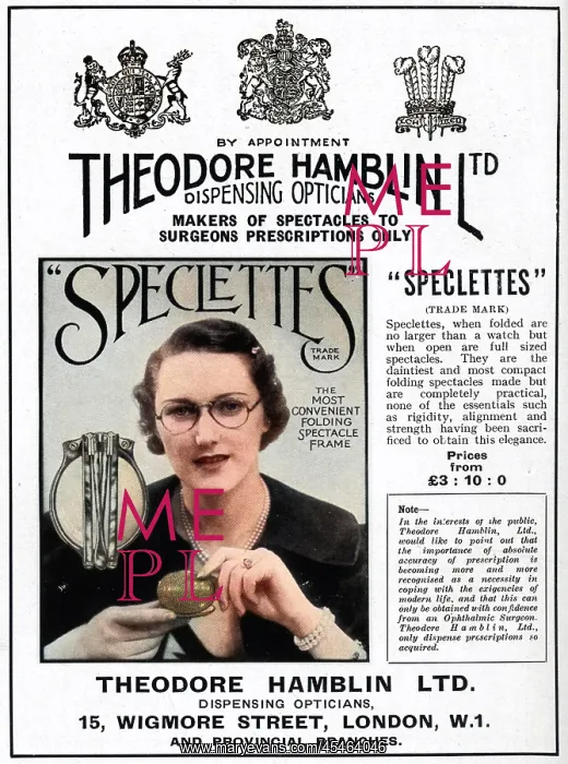 : Advert Theodore Hamblin, fold-away spectacles 1937 : Advert Theodore Hamblin, fold-away spectacles 1937
