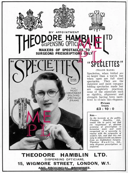 : Advert Theodore Hamblin, fold-away spectacles 1937 : Advert Theodore Hamblin, fold-away spectacles 1937