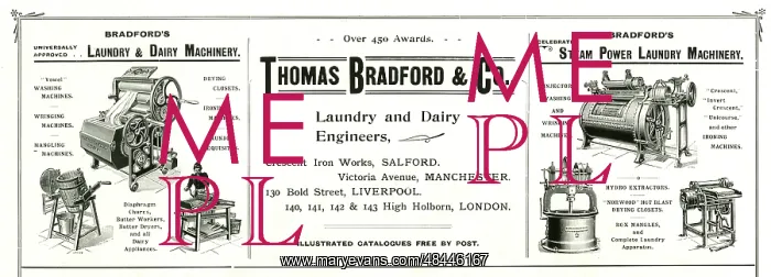 : Advert, Thomas Bradford, Steam Power Laundry Machinery : Advert, Thomas Bradford, Steam Power Laundry Machinery