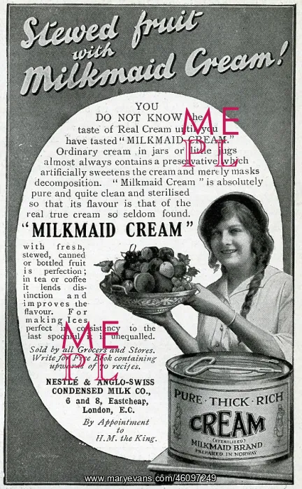 : Advert for tinned Milkmaid Cream 1914 : Advert for tinned Milkmaid Cream 1914