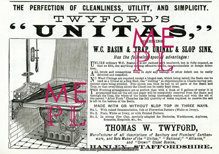 : Advert for Twyford's unitas toilets 1888 : Advert for Twyford's unitas toilets 1888