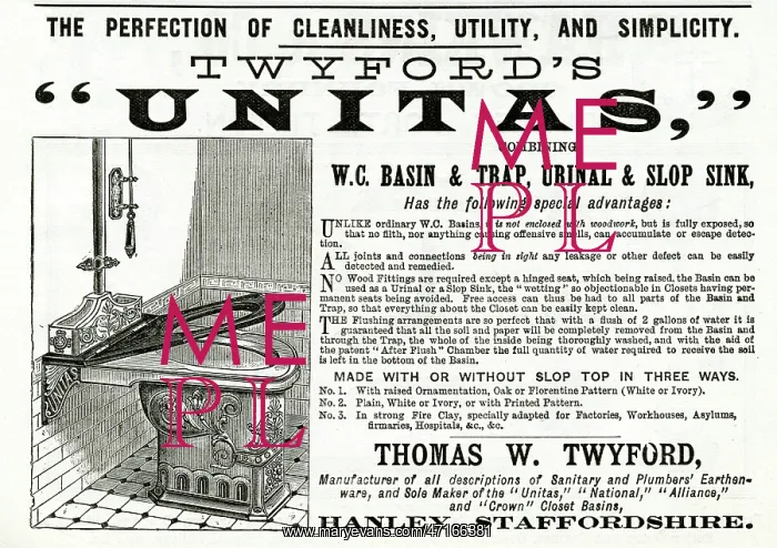 : Advert for Twyford's unitas toilets 1888 : Advert for Twyford's unitas toilets 1888