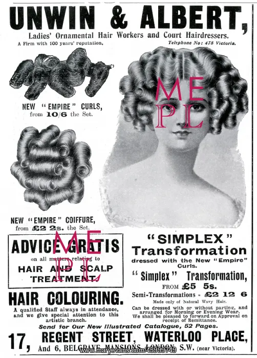 : Advert for Unwin & Albert women's coiffure 1908 : Advert for Unwin & Albert women's coiffure 1908