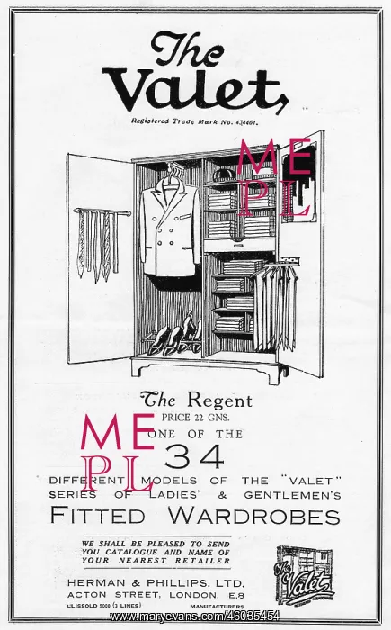 : Advert for The Valet fitted wardrobes, 1927 : Advert for The Valet fitted wardrobes, 1927