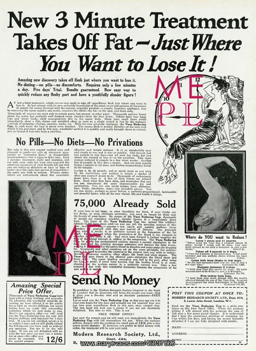 : Advert for Veco reducing cup for weight loss 1926 : Advert for Veco reducing cup for weight loss 1926