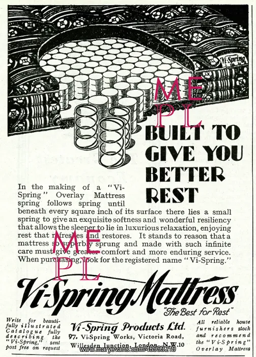 : Advert for Vi-Spring Mattress 1931 : Advert for Vi-Spring Mattress 1931