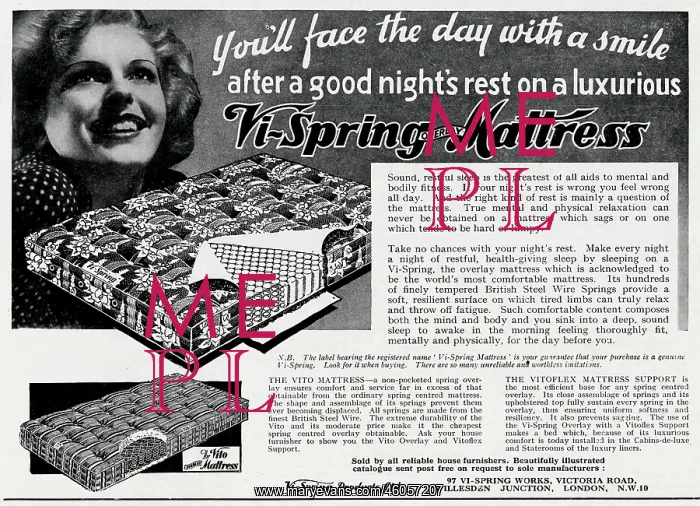 : Advert for Vi-spring Mattress 1938 : Advert for Vi-spring Mattress 1938