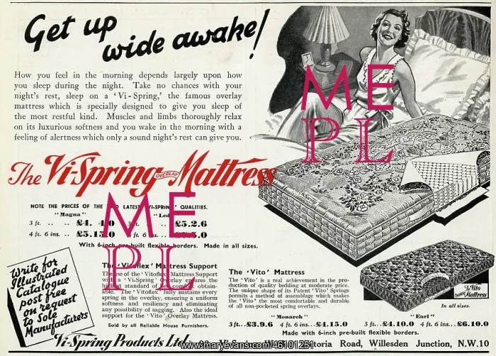 : Advert for Vi-spring Mattress 1939 : Advert for Vi-spring Mattress 1939
