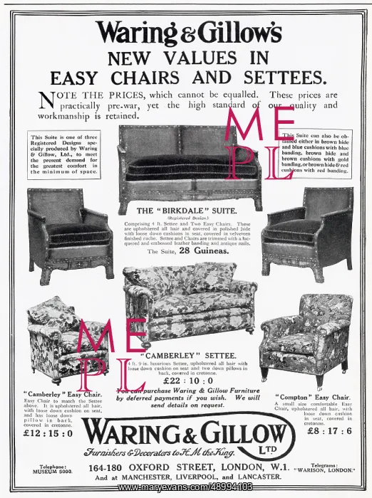 : Advert for Waring & Gillow's - Easy Chairs & Settees 1922 : Advert for Waring & Gillow's - Easy Chairs & Settees 1922
