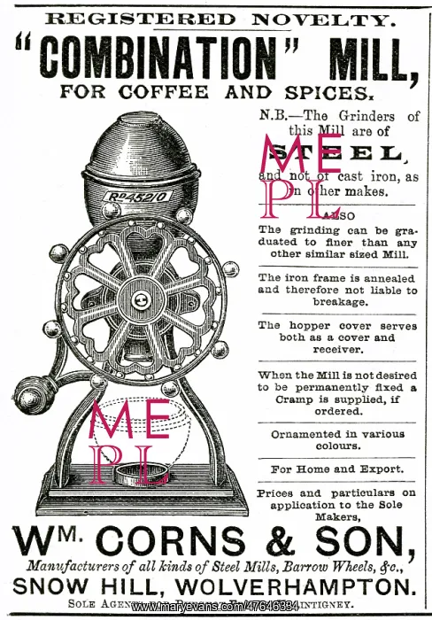 : Advert for Wm. Corns & Son, combination Coffee Mill 1888 : Advert for Wm. Corns & Son, combination Coffee Mill 1888