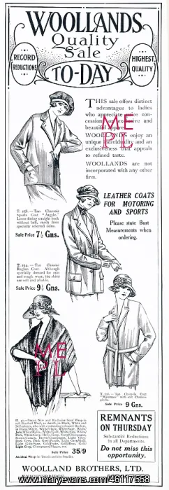 : Advert for Woollands women's jackets 1921 : Advert for Woollands women's jackets 1921