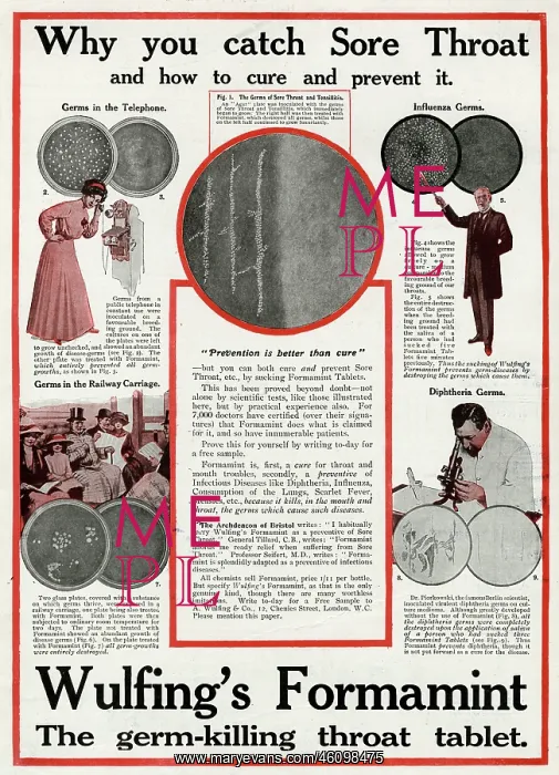 : Advert for Wulfing's Formamint tablets 1913 : Advert for Wulfing's Formamint tablets 1913
