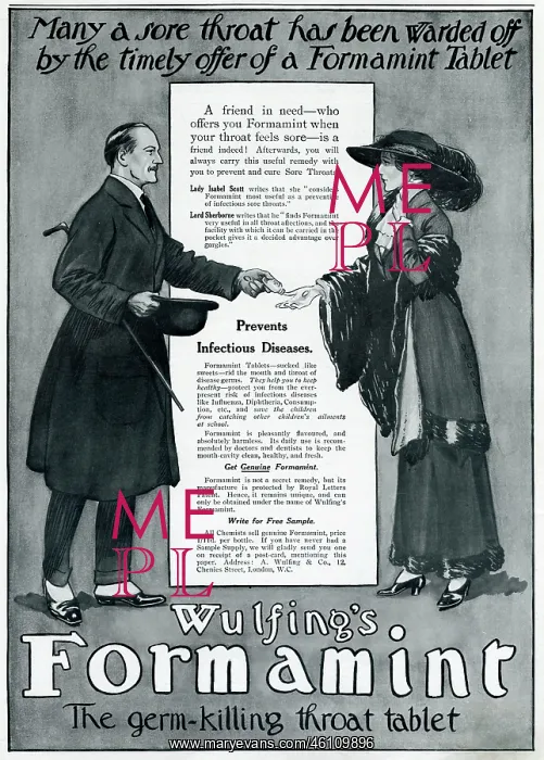 : Advert for Wulfing's Formamint tablets 1913 : Advert for Wulfing's Formamint tablets 1913