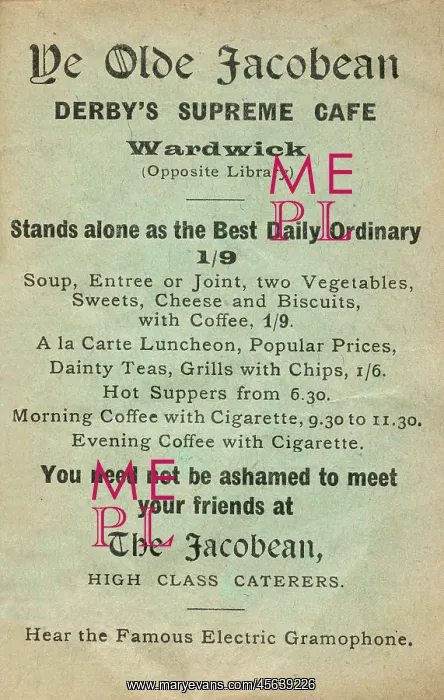 : Advertisement for Ye Olde Jacobean cafe, Derby : Advertisement for Ye Olde Jacobean cafe, Derby