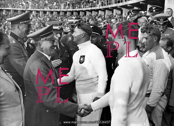 : Adolf Hitler congratulates the shot put winners 1936 : Adolf Hitler congratulates the shot put winners 1936