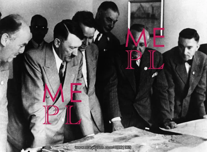: Adolf Hitler with construction plans for Bayreuth, 1939 : Adolf Hitler with construction plans for Bayreuth, 1939