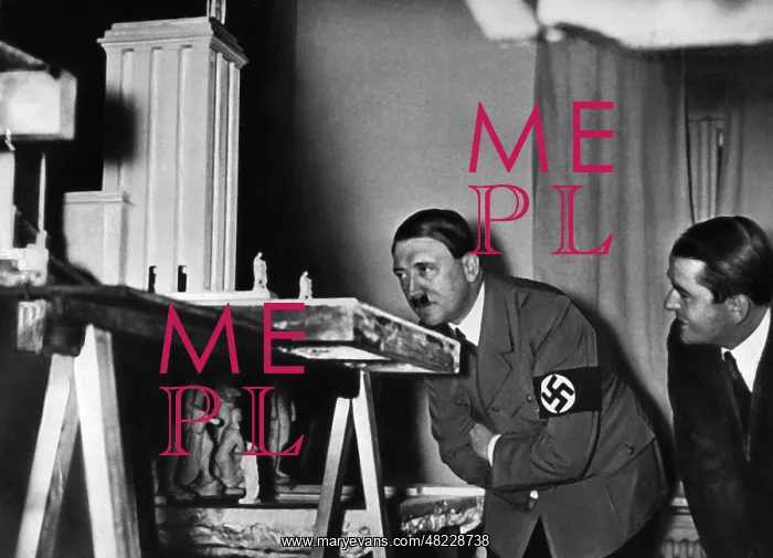 : Adolf Hitler with a model for the world exhibition, 1936 : Adolf Hitler with a model for the world exhibition, 1936