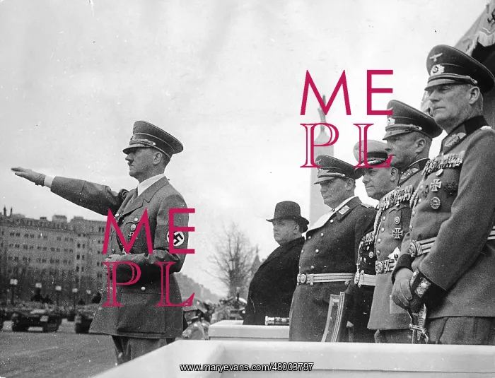 : Adolf Hitler salutes marching troops, Berlin : Adolf Hitler salutes marching troops, Berlin