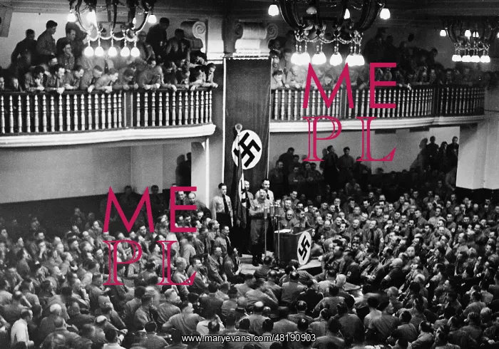 : Adolf Hitler speaks in the Burgerbraukeller, 1938 : Adolf Hitler speaks in the Burgerbraukeller, 1938